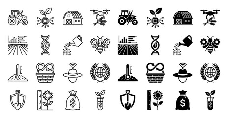 Fototapeta premium Smart agriculture and agritech hybrid icon set featuring electric tractor drone crop monitoring biotechnology and sustainable farming symbols