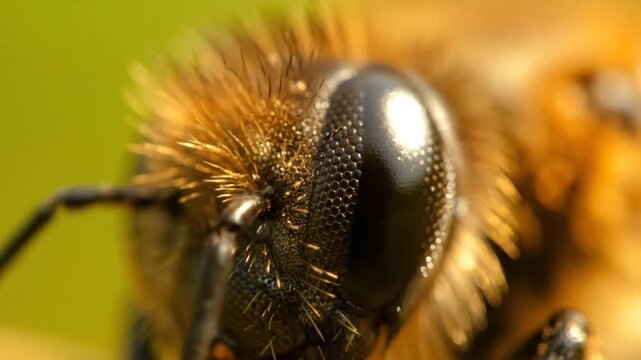 Macro shot of bee head with golden hairs