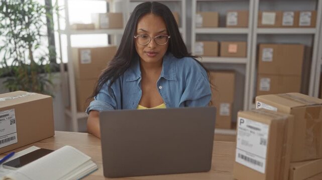 Woman arms raised cheering at laptop with shipping boxes in a building; small business success triumph.