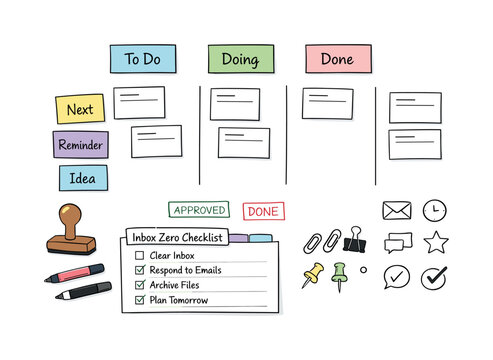 Kanban task cards on paper, column headers on sticky notes, stamps and markers, checklist symbols for Inbox zero checklist with