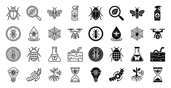 Hybrid pest control and agricultural biotechnology icon set featuring insects merged with laboratory glassware magnifying glass and garden tools
