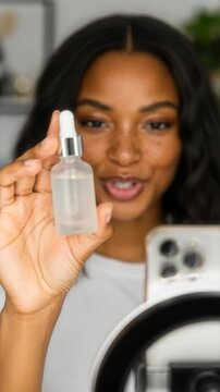 Smiling Black beauty vlogger showing a blank serum dropper bottle to smartphone camera. Perfect UGC mockup for skincare brands, cosmetic campaigns, and social media advertising