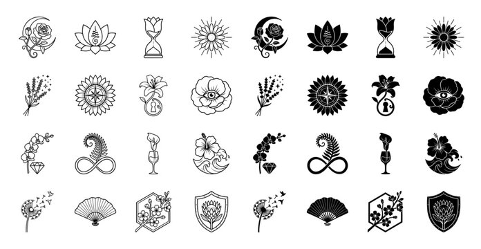 Collection of hybrid floral and mystical icons featuring rose moon lotus unalome sunflower compass and botanical hourglass in line and silhouette style