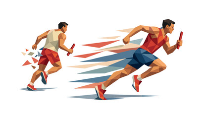 Obraz premium Low-poly vector illustration of relay runners separating after the baton pass, receiving runner accelerating ahead with powerful