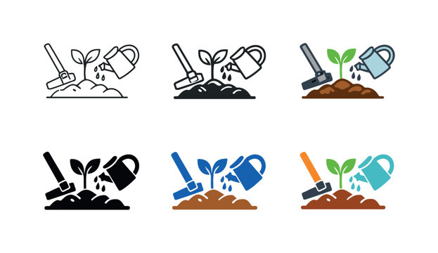 Agricultural cultivation icon depicting a plant sprouting from soil with a hoe and watering can, representing crop cultivation