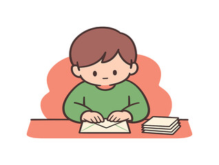 Fototapeta premium Cute cartoon child folding an envelope with a stack of papers on the side