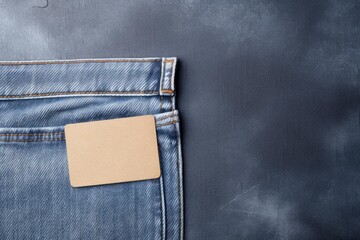 Blue jeans texture with a customizable blank beige tag, creating a fashion background