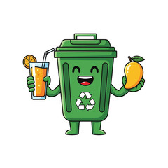Happy Green Recycling Bin Mascot Holding Fresh Mango and Orange Juice
