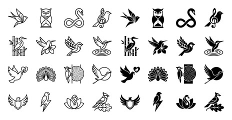 Obraz premium A collection of minimalist hybrid bird icons merging avian silhouettes with conceptual symbols like hourglasses musical notes and infinity loops