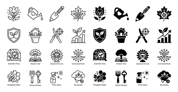 Hybrid botanical garden and agricultural tool icon set featuring conceptual fusions like leaf lightbulbs and honeycomb bees in outline and solid styles