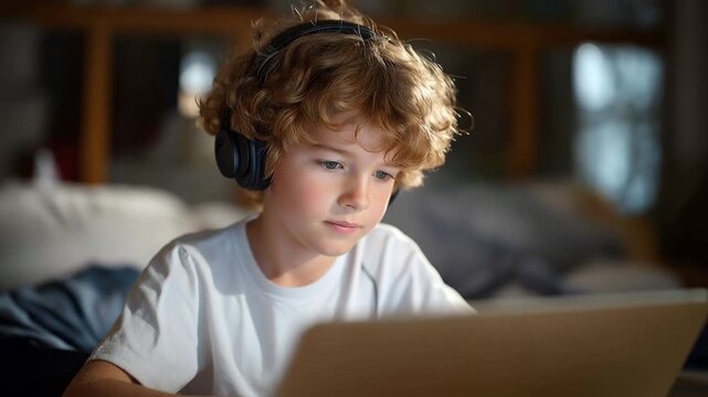 A young child is absorbed in an online learning program, using headphones and a laptop, showcasing the importance of technology in early education and personalized learning experiences. cinematic