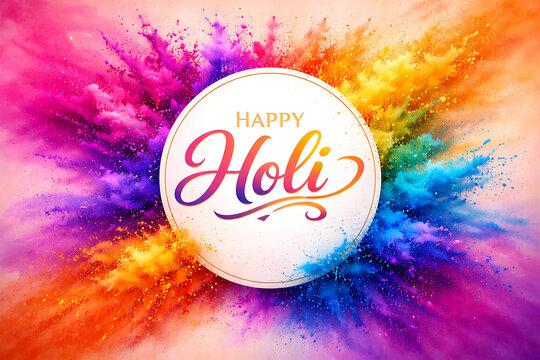 Bright colorful powder explosions surrounding a white circle with greeting text celebrating the traditional indian spring festival of holi holika dhan and festive rang panchami