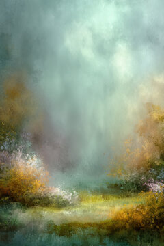 A soft, impressionistic watercolor painting of a dreamy landscape featuring trees shrouded in fog, delicate light effects, and a textured, ethereal atmosphere.