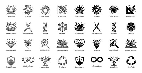 Fototapeta premium Collection of botanical hybrid icons merging landscape design and nature with geometric tools like gears and drafting rulers in outline and solid styles