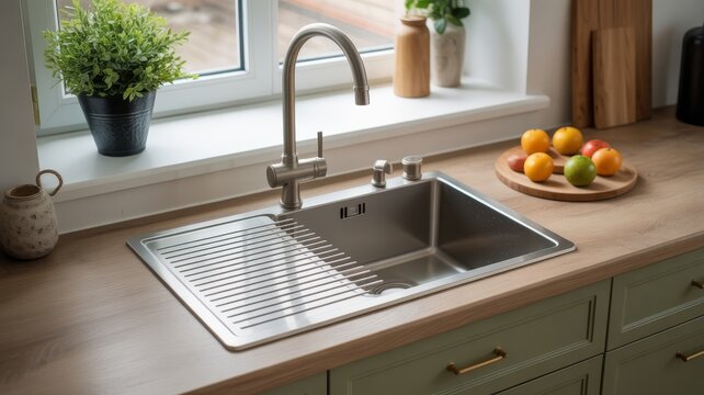 Bright kitchen aesthetic setup featuring a double sink, cutting board, and simple decor near a window, creating a serene organized atmosphere with balanced geometry.