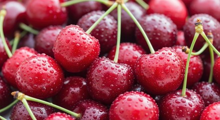 Fresh, Ripe Cherries with Water Droplets, Close-Up View - Perfect for Healthy Eating and Summer Concepts