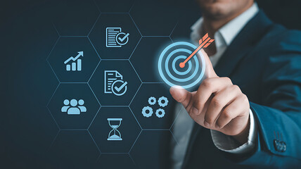 Strategic business leader selecting luminous bullseye target symbol surrounded by hexagonal icons for document and time management on virtual touch screen display