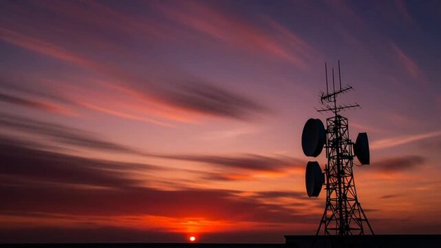 Vibrant sunset behind telecommunication tower with satellite dishes