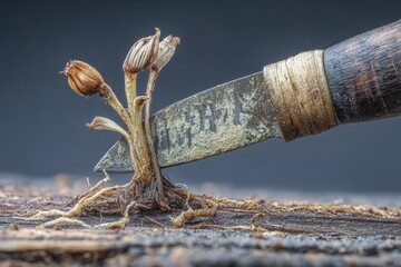 Obraz premium Resilience & Strength in a Dried Flower Stem and Knife Blade Image - A Visual Metaphor for Overcoming Challenges