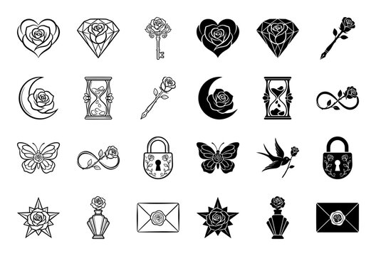 Black and white floral hybrid icon set featuring rose integration with heart diamond key moon hourglass infinity butterfly lock bird and star symbols