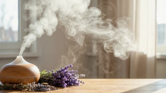 Aromatherapy diffuser with steam and lavender on table in living room. Home wellness and relaxation concept