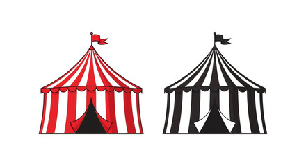 Two circus tents one red and white and one black and white are displayed side by side