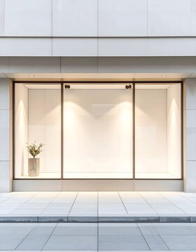 Escaparate moderno vac&iacute;o con iluminaci&oacute;n interior y fachada minimalista