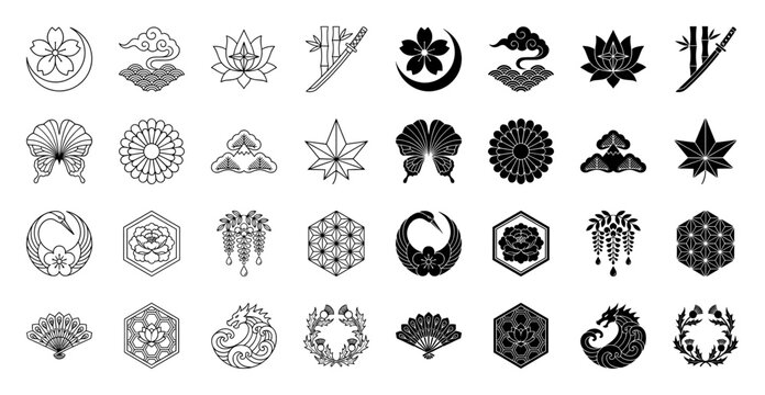 Japanese cultural hybrid emblem set featuring traditional crest motifs like cherry blossom moon katana bamboo crane and dragon in outline and solid styles