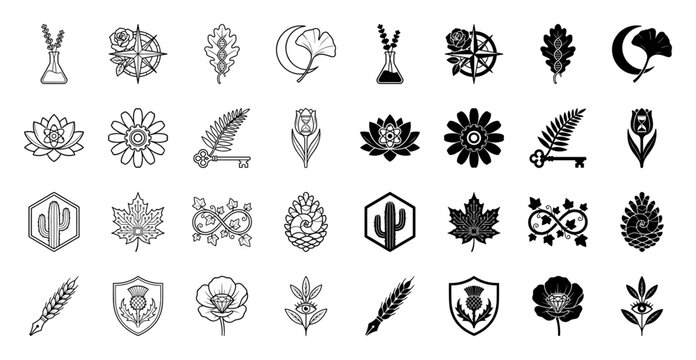 Set of hybrid botanical and symbolic icons merging nature with technical concepts including dna oak leaf and hourglass tulip