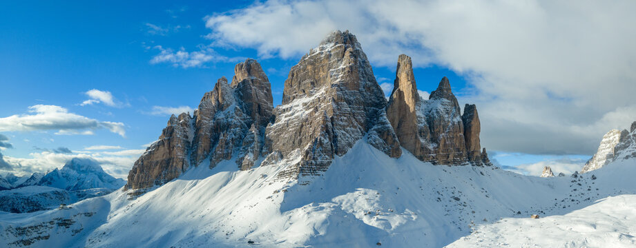 Beautiful Panorama of Tre Cime di Lavaredo in Dolomites Mountains During Winter