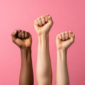Three fists raised together in solidarity against pink background for unity and diversity