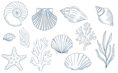 Obraz premium Coastal marine elements set with seashells, starfish and coral outlines. Beach themed seashell, coral and starfish sketch bundle in monochrome style.