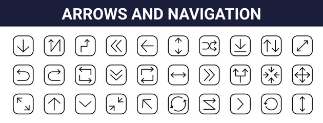 Set of 30 thin line arrow and navigation icons including down, shrink, diagonal, previous, next, maximize, resize. Outline vector stroke illustration