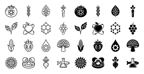 Fototapeta premium Collection of hybrid biotechnology and agrotech icons featuring organic food combined with molecular structures laboratory equipment and digital circuitry