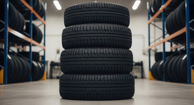 Front view of a stack of four car tires on shelves in a tire shop or warehouse, suggesting automotive selection and service.