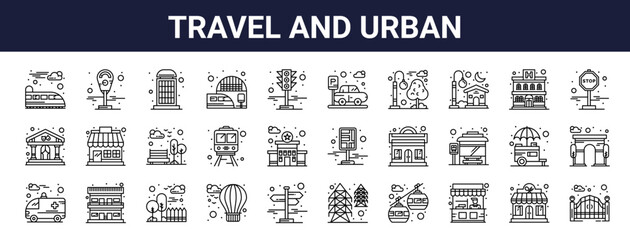 Set of 30 thin line web icons including train, air balloon, road, railway station, club, food stall, police station, hotel, theater. Vector outline illustration pack © Munis
