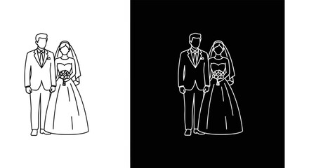 Line art illustration of a bride and groom shown in both positive and negative formats © arfanah02