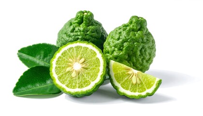 Three wrinkly citrus fruits and green leaves, one sliced in half and another quartered, against a white background