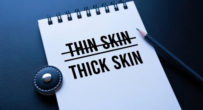 Thick Skin Concept: Notepad with Canceled 'Thin Skin' and 'Thick Skin' Written Below, Symbolizing Resilience