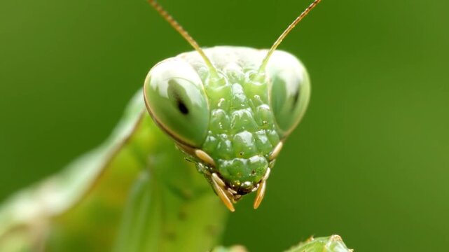 Close-up of green praying mantis with large eyes and spiked forelegs