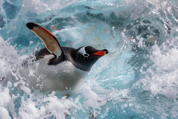 Obraz premium Gentoo penguin surfing the waves, creating a splash of water in antarctica