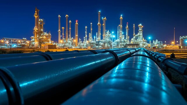Industrial pipelines at natural gas storage facility close up view with illuminated refineries shown nighttime setting with extraction infrastructure visible energy facility 