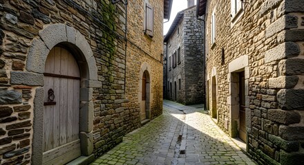 Fototapeta premium Narrow cobblestone alleyway between ancient stone buildings