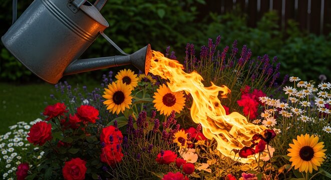 A surreal scene of a watering can pouring fire onto a vibrant garden