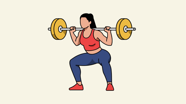 Woman performing barbell back squat exercise for fitness.