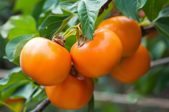 Close up of ripe orange persimmons growing on a tree branch, ready for harvest