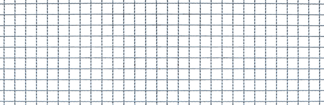 Steel crimped wire mesh fence with square grid pattern isolated on panoramic transparent background, png file