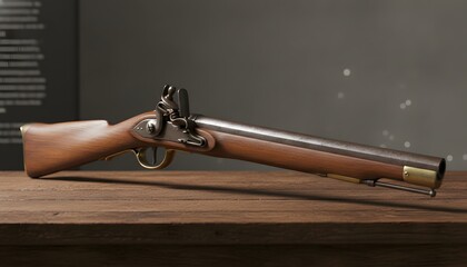 Obraz premium A finely crafted vintage musket, an essential firearm from the past, displayed on a rustic wooden surface for a historical heritage concept