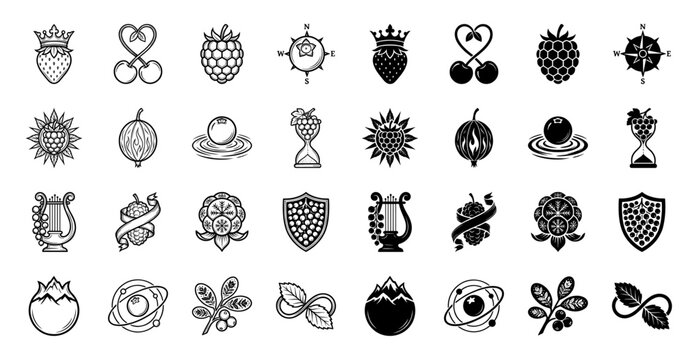 Collection of hybrid fruit and berry icons merging organic botanical elements with geometric symbols like compass crowns harps and hourglasses