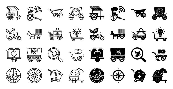 Hybrid logistics and transport icons merging traditional carts with modern technology symbols like solar panels wifi and battery power indicators